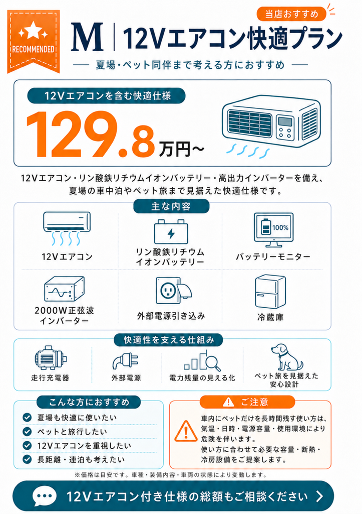 Mプランの主な内容(12Vエアコンを使える快適仕様)